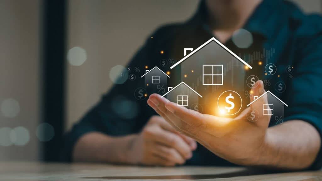 Real estate investment concept with glowing house icons and dollar signs.