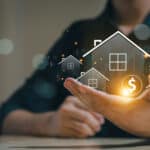 Real estate investment concept with glowing house icons and dollar signs.