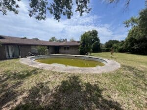 Backyard with an empty, algae-filled swimming pool and surrounding trees in Jacksonville, FL.
